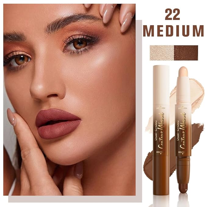 2in1 Cream Contour Highlighter Stick, Neutral Bronzer Makeup Stick, Applies Dual-Ended Sculpting Stick for Face Body, Long Lasting Waterproof No Smudging, Suitable for Makeup Beginners-Medium