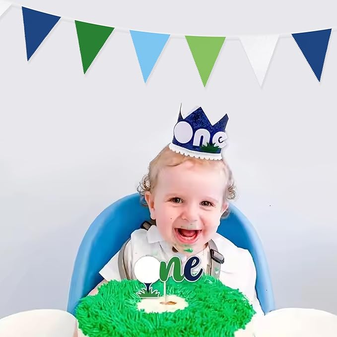 32Ft Golf Party Decorations Blue Green Fabric Triangle Banner Flag Banner Pennant Garland Streamers for Hole in One Wedding Birthday Baby Shower Home Outdoor Garden Masters Golf Party Decoration