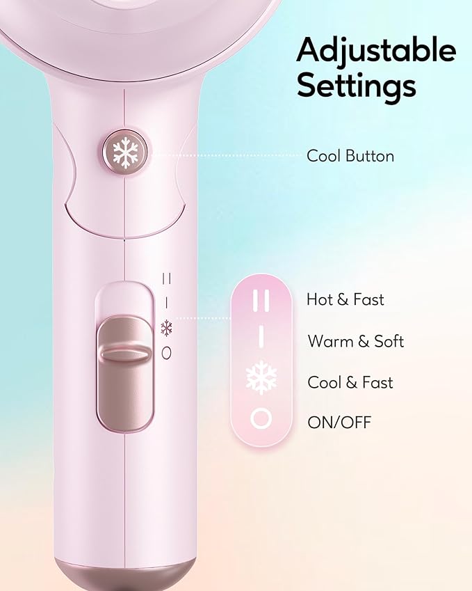 Wavytalk Blow Dryer with Diffuser, Mini Hair Dryer with Folding Handle, 1600W Quiet Lightweight Hairdryer with Diffuser Compact Design, Pinky White