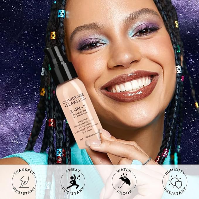 2 in 1 Foundation Concealer, Lightweight Creamy Long Lasting Face Makeup for Combination Oily Skin, Conceals Dark Circles Under Eyes Dark Spots and Blemishes, Vegan Cruelty-Free, Light