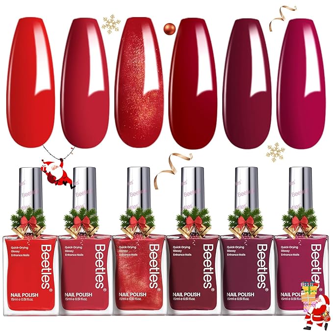 Beetles Red Nail Polish Set Blazing Rose, 6 Colors Dark Red Burgundy Nail Polish Glossy 15ml Enhance Nails Quick Dry Fingernail Polish for Nail Art Manicure DIY at Home Christmas Gifts For Women