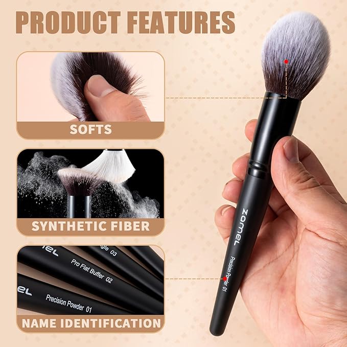 ZAMEL Professional Travel Goat Hair Makeup Brushes Set, 15Pcs Kabuki Face & Eye Makeup Brush set Ultra Soft Dense Flat Foundaiton Blush And Extra-large loose Powder Brush Eyeshadow