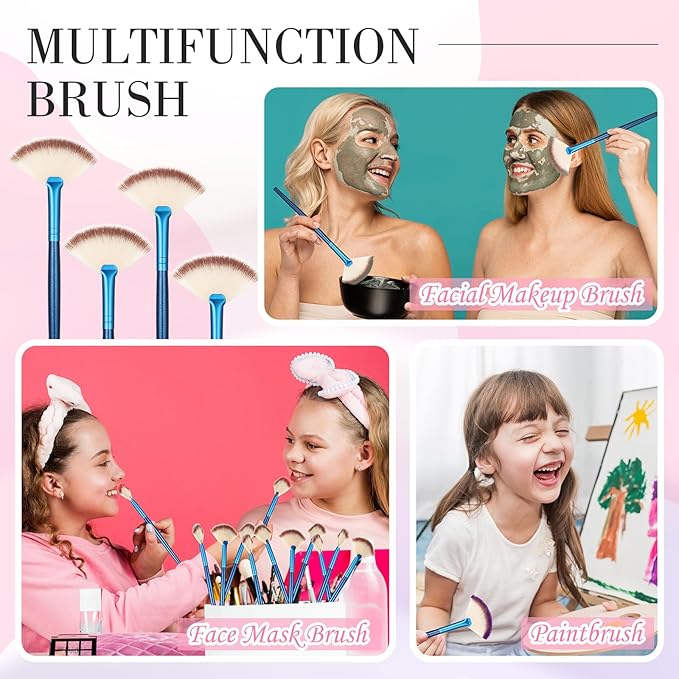 12 Pcs Soft Facial Fan Brush Blush Makeup Brush Face Mask Acid Applicator Multi Use Cosmetic Tools for Peel Mask Makeup for Mud Cream(Blue)