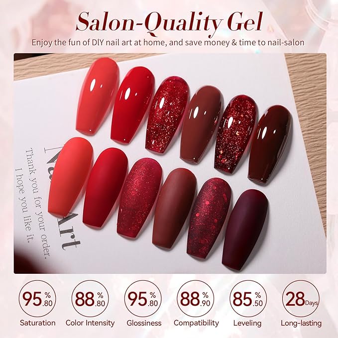 Born Pretty Red Gel Nail Polish Set 6Colors Dark Burgundy Wine Red Bloody Mary Collection Popular Shimmer Glitter Halloween Nail Gel Nails Art Design Minicure DIY Salon and Home 7ml