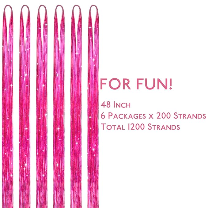 WENNALIFE Hair Tinsel for Girls, Rose Red Fairy Kit 1200 Strands 6PCS 48 Inch Heat Resistant Glitter Tinsel Hair Extensions Kit Christmas Feathers Sparkle Strands