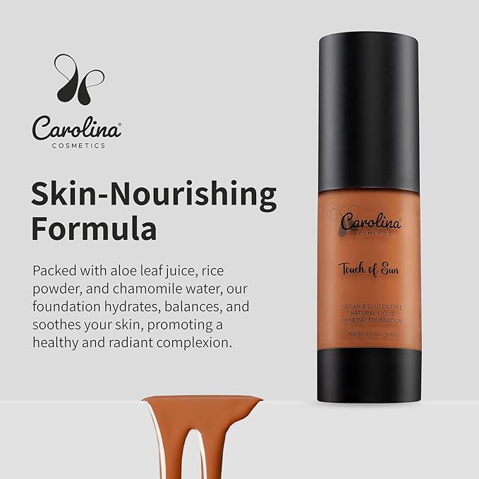 Carolina Cosmetics - Plant-Based Foundation in Touch of Sun Shade - Hydrating, Pore-Minimizing & Buildable Coverage - Vegan, Non-GMO, Gluten-Free, Paraben-Free - Sun Protection - 1Fl Oz