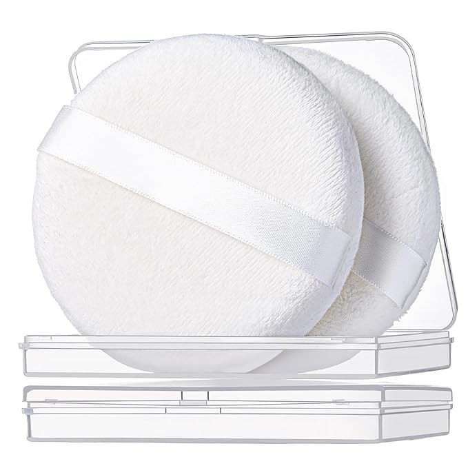 Teenitor 2pcs Powder Puff 3.54inch Medium Body Powder Puff, Powder Puff for Body Powder, Powder Puffs, Soft Velour Powder Puffs, Body Powder Puff and Container White