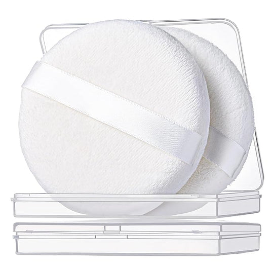 Teenitor 2pcs Powder Puff 3.54inch Medium Body Powder Puff, Powder Puff for Body Powder, Powder Puffs, Soft Velour Powder Puffs, Body Powder Puff and Container White
