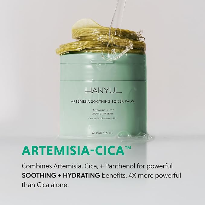 HANYUL Artemisia Soothing Toner Pads with Centella Asiatica and Hyaluronic Acid | Hydrating & Calming Pre-Makeup Facial Pads for Sensitized Skin, Dual-Layer Design, 60 Count