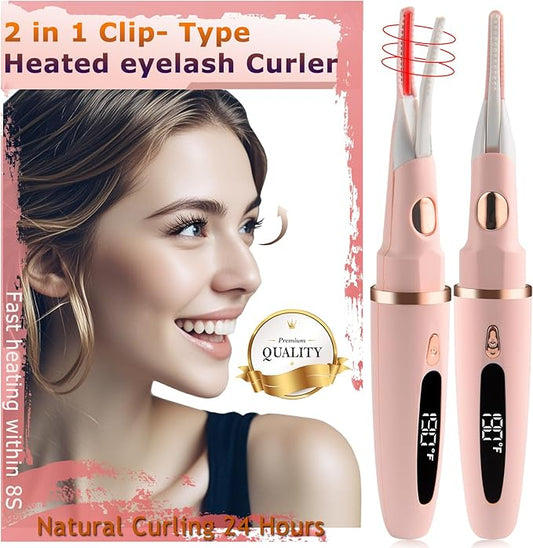 Heated Eyelash Curlers - 2 in 1 Clip- Type Heated lash Curler Best Seller Electric Eyelash Curler LED Display 3 Temp Settings for Makeup Tools USB Rechargeable Natural Curling 24H Long Lasting-Pk C1D