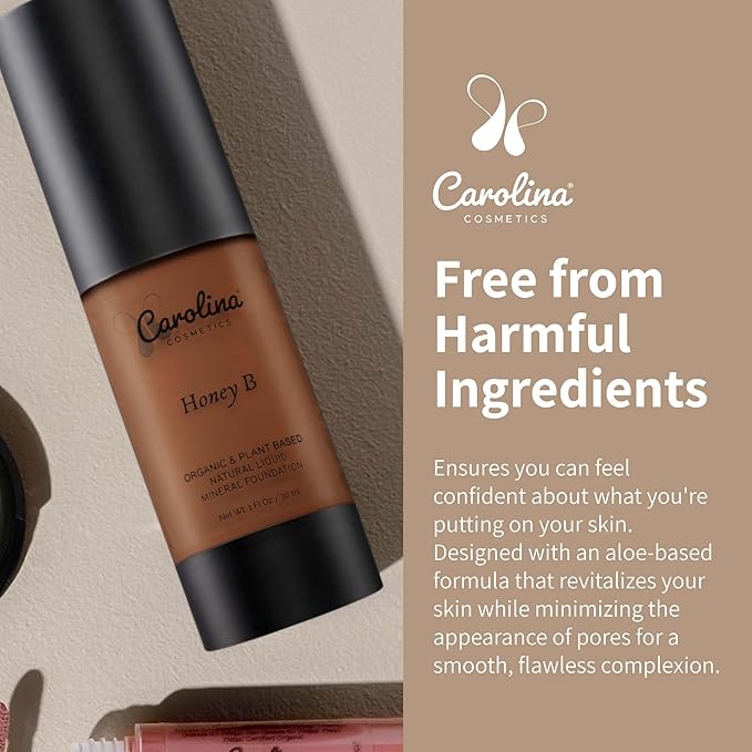 Carolina Cosmetics - Foundation in Honey B Shade Plant-Based - Hydrating, Pore-Minimizing & Buildable Coverage - Vegan, Non-GMO, Paraben-Free - 1oz