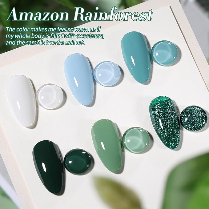 Born Pretty Christmas Green Gel Nail Polish,Light Green to Dark Shades Glitter Blue White Gel Polish Rainforest Saint Paclita's Soak Off U v LED Light Cure for Salon Manicure and Nail Art DIY at Home