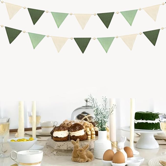 2 Sets of Sage Green Wood Beads Pennant Banner 20Pcs Flags Nursery Garland Olive Green Fabric Linen Triangle Streamers for Baby Room Decor Kids Jungle Safari Birthday Baby Shower Party Decorations