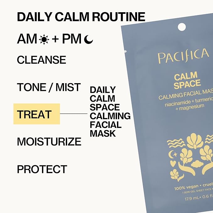 Pacifica Sheet Face Mask - Calm Space - Calming Facial Mask - Niacinamide & Turmeric Soothing Face Mask for Irritated Skin Clean Beauty Vegan & Cruelty-Free Dermatologist Tested
