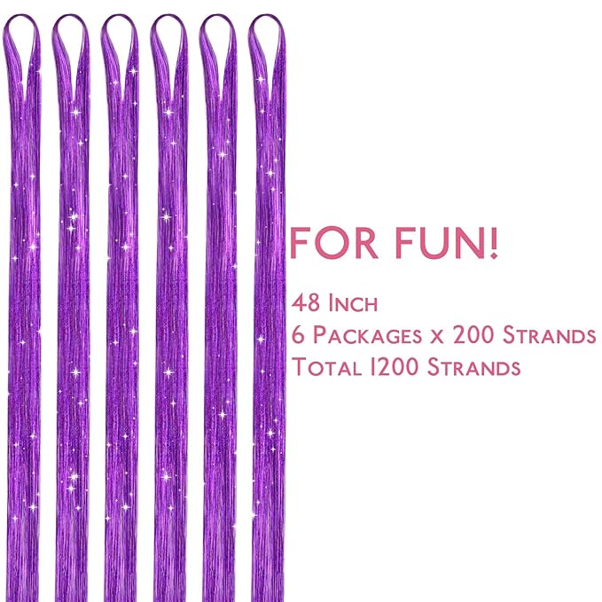 WENNALIFE Hair Tinsel for Girls, Purple Fairy Kit 1200 Strands 6PCS 48 Inch Heat Resistant Glitter Tinsel Hair Extensions Kit Christmas Feathers Sparkle Strands