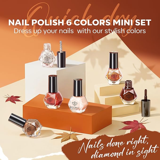 modelones Nail Polish Set, 6 Colors Fall Glitter Nail Polish Kit Orange Brown Quick Dry Fingernail Polish Manicure Nail Art Manicure DIY Home Salon Gifts for Women Mom