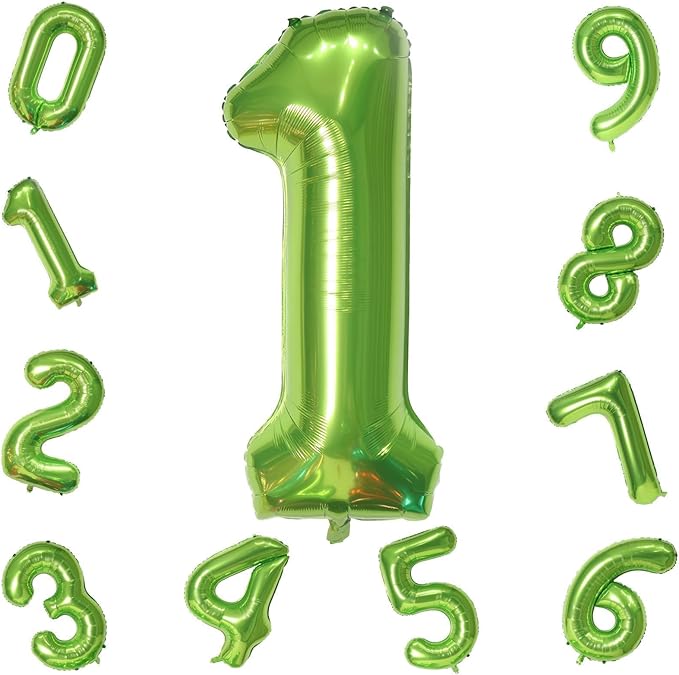 40 Inch Green Number 1 Balloon for 1st Birthday Decoration, Large Self Inflate Foil Number Balloons 0-9 for Boys Girls, Digit 1 Helium Balloons for Women Men Jungle Safari Party Anniversary Supplies