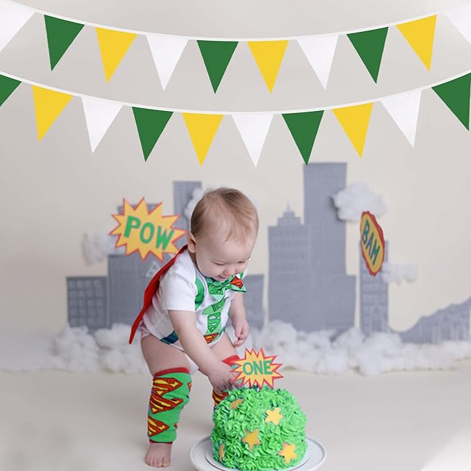 32Ft Yellow Green White Pennant Banner Fabric Triangle Flag Bunting Garland for Spring Summer Party Decorations Birthday Wedding Engagement Baby Shower Tea Party Outdoor Garden Hanging Decorations