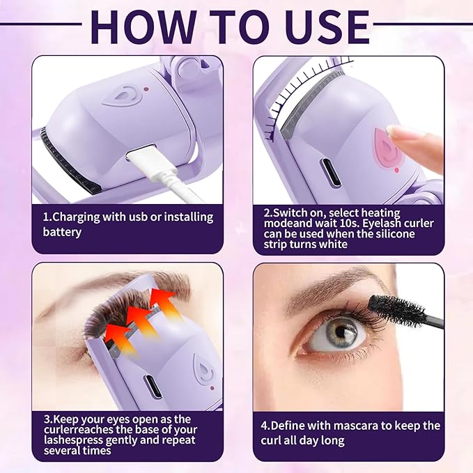 Premium Heated Eyelash Curlers Elevate Your Lash, Rapid Heat-up, USB Rechargeable Electric Eyelash Curler with Sensing Heating Silicone Pad, Heated Lash Curler with Temperature (Purple)