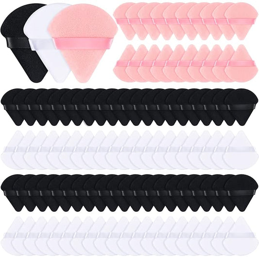Meanplan 100 Pcs Powder Puff Face Soft Makeup Sponge Triangle Powder Puffs for Loose Velour Cosmetic Foundation Wet Dry Sponge Makeup Tools(Black, White, Pink)