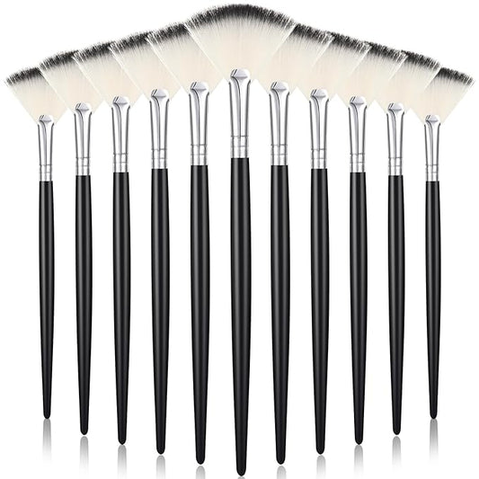 12 Pcs Soft Facial Fan Brush Blush Makeup Brush Face Mask Acid Applicator Multi Use Cosmetic Tools for Peel Mask Makeup for Mud Cream(Black Silver)