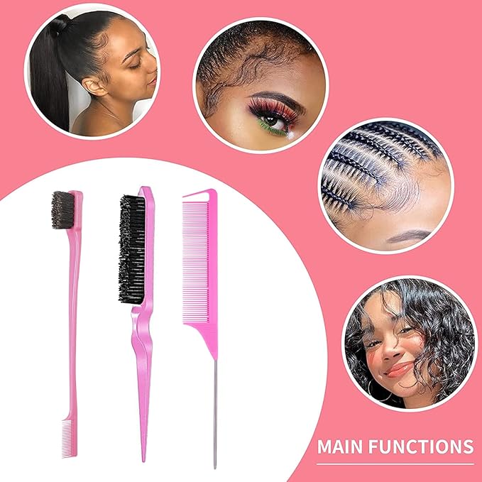 3 Pieces Hair Styling Comb Set Teasing Brush Rat Tail Comb Edge Brush for Edge&Back Brushing, Combing, Slicking Hair for Women (Pink)