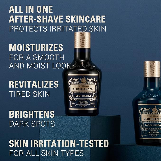 Scott Hamish Blue Blended Set - Skincare Set for Men with Face Wash, Face Toner & Facial Emulsion – Intensive Moisturizing and Conditioning Aftershave Kit Enriched - Bergamot & Musky Scent