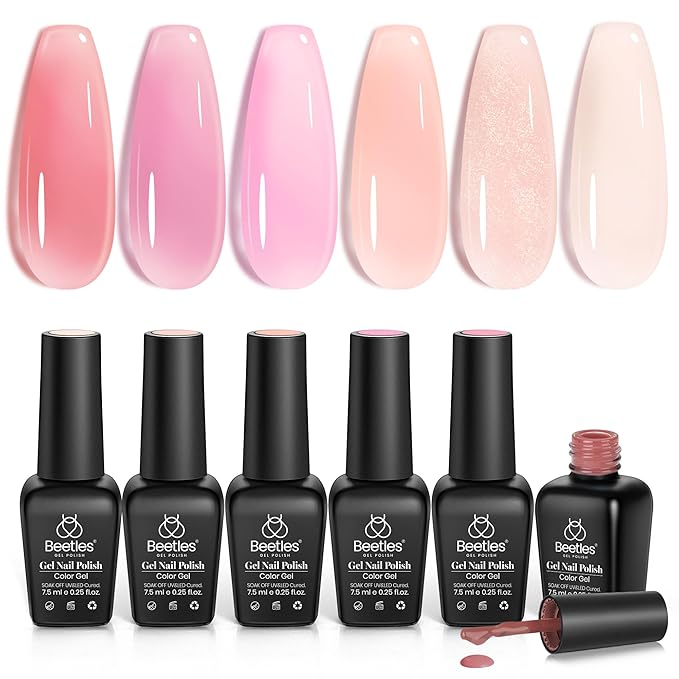 Beetles Jelly Gel Nail Polish Set, 6 Colors Jelly Nude Pink Gel Polish Kit Neutral Sheer Shimmer Glitter Translucent Effect Soak off Uv Nail Concealer DIY Manicure Spring Summer Gift for Women