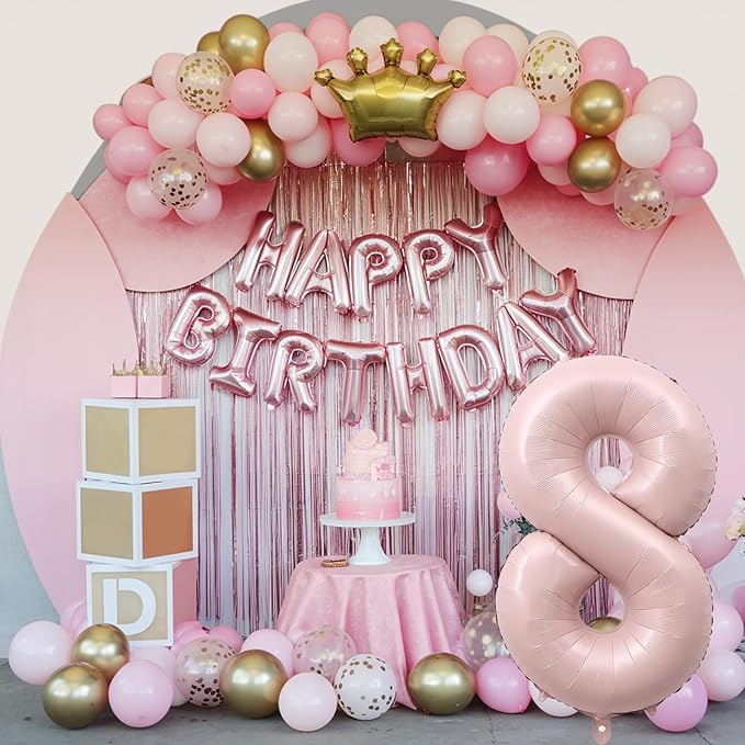 Pastel Pink 8 Balloons, 40" Giant Helium Foil Number Balloon 0-9 Blush Pink Number Balloon 8 for Girls, Self Inflating Digit 8 Balloons for 8th Birthday Women Anniversary Princess Party Decorations