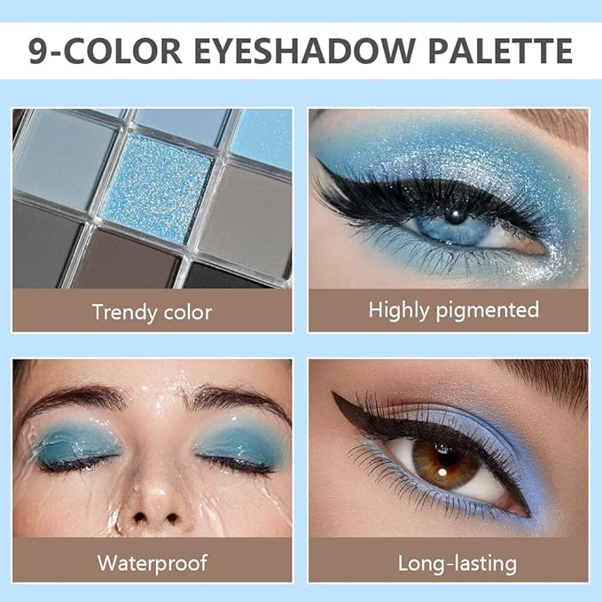 9 Colors Blue Grey Colorful Eyeshadow Palette,Matte Shimmer Navy Blue Sky Blue Grey Eye Shadow Makeup Palettes,Long Lasting Waterproof Eye Makeup Palette