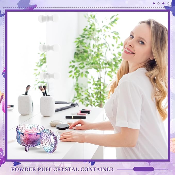 Tioncy 3 Pcs Large Body Powder Puff and Container Powder Container with Puff Powder Puff Crystal Container Soft Washable Reusable Velour Face Body Glitter Powder Puff Wet Dry Makeup(Butterfly, Purple)