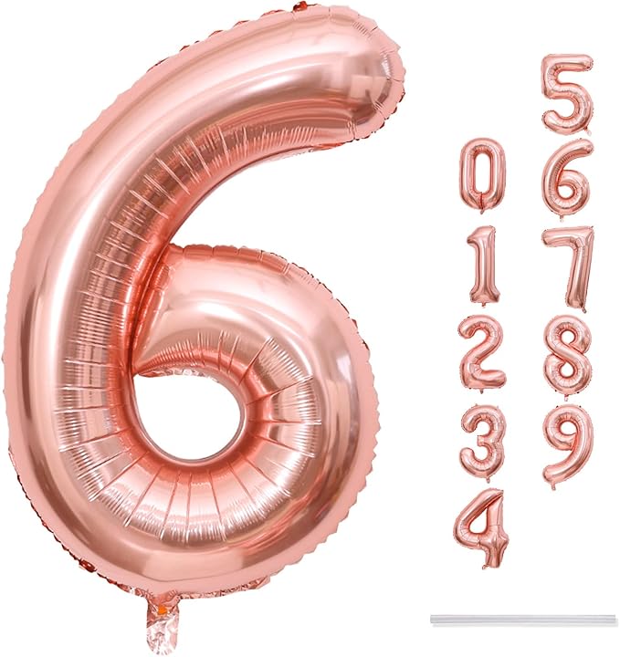 Rose Gold Foil Balloon Number 6, 40'' Giant Self Inflating Number Balloons Set 0-9, Large Number 6 Helium Balloon for Girls Women 6th Birthday Graduation Anniversary Party Decorations Supplies