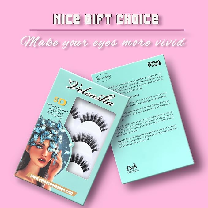 Veleasha Lashes 5D Faux Mink Lashes 100% Handmade Wispy Lashes Charming Luxurious Fake Eyelashes Lightweight Fluffy False Eyelashes 5 Pairs Pack (5D04)