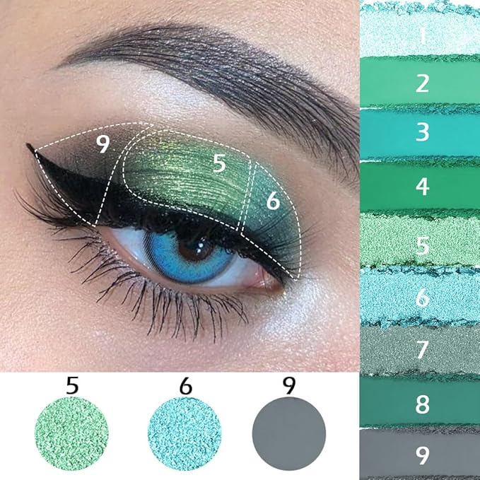 AMY'S DIARY Matte Shimmer Light Deep Green Eye Shadow Palette Makeup,Eyeshadow Long Lasting Waterproof Cruelty-Free, 9 Blendable Shades in Smooth Finishes with Gorgeous Pearls for Girls (Green)