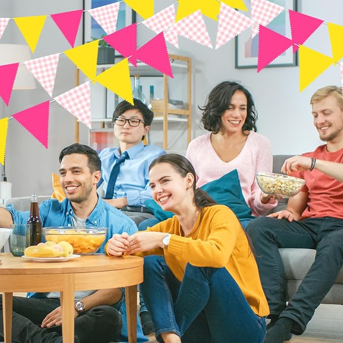 33 Ft Softball Theme Hanging Banner Decoration Triangle Flag Pink Yellow Pennant Plaid Fabric Bunting Garland for Birthday Baby Shower Sports Party Supplies