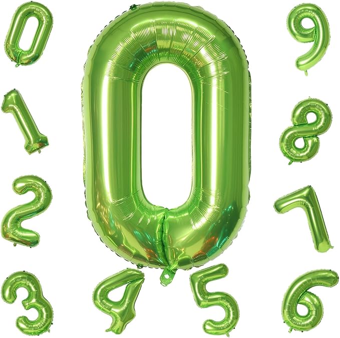 40 Inch Green Large Number Balloons Set 0-9, Self Inflate Foil Number 0 Helium Balloons for Boys Girls, Big Digit 0 Balloons for Women Men Jungle Safari Birthday Party Anniversary Supplies Decorations