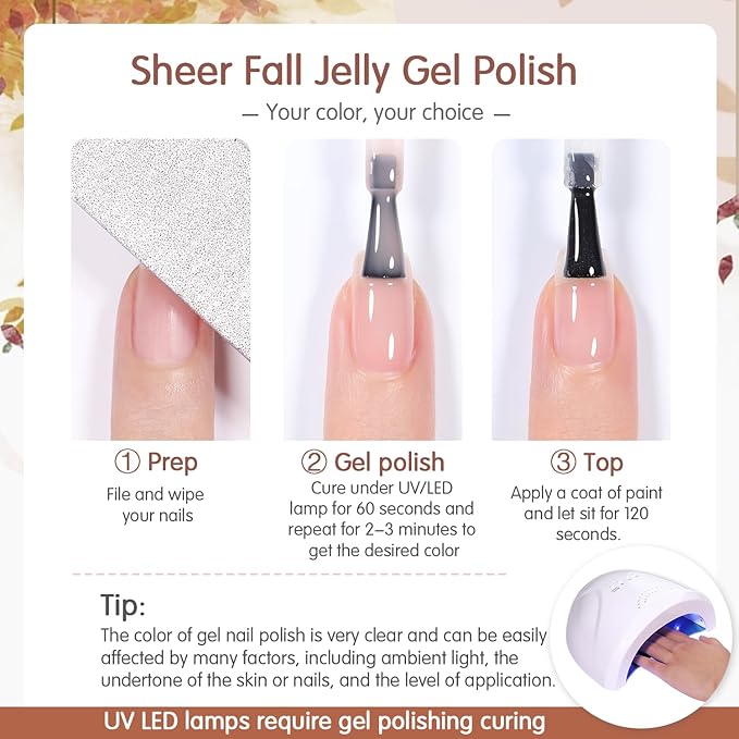 Fall Gel Nail Polish Set: 6 Colors Jelly Pumpkin Semi-transparent Natural Sheer Gel Nail Kit, Soak Off