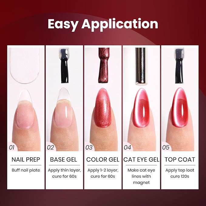 Beetles Red Cat Eye Gel Nail Polish Set - Sultry Burgundy Cat Eye Gel Polish, 6 Colors Burgundy Dark Red Glitter Red Magnetic Fall Gel Polish Kit Soak Off UV Nail Art Salon DIY Manicure Gift for Women