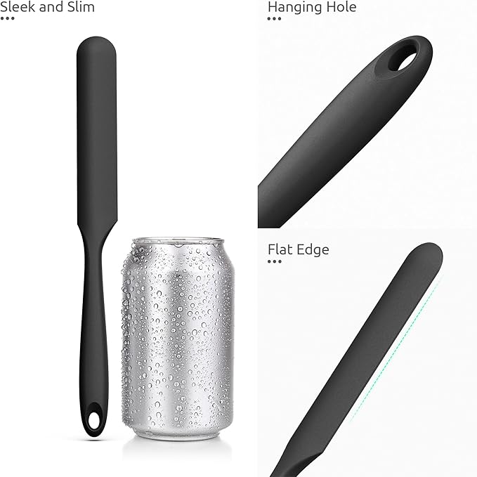 U-Taste Skinny Silicone Jar Spatula: 600ºF Heat-Resistant Food-Grade 10in Long Narrow Sourdough Stirring Stick, Seamless Flexible Peanut Butter Spreader for Scraping Icing Bread Cream, Jam (Black)