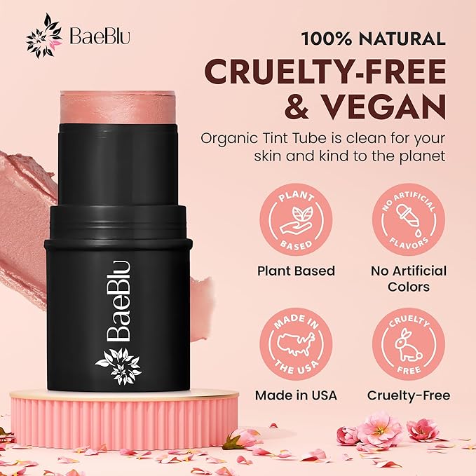 BaeBlu - Organic Blush Tube, Rose - 100% Natural Vegan Cream Blush Sticks, Multi-Use Bronzer, & Highlighter for Lips, Cheeks & Eyes, Buildable Shimmer, Gluten-Free, Paraben-Free, Made in USA