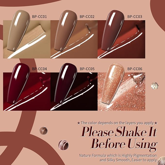 Born Pretty Fall Winter Gel Nail Polish Burgundy Wine Red Caramel Brown Coffee Autumn Gel Polish Set Gel Nail Kit Christmas Gift Nail Art Manicure Collection 6PCS 7ML