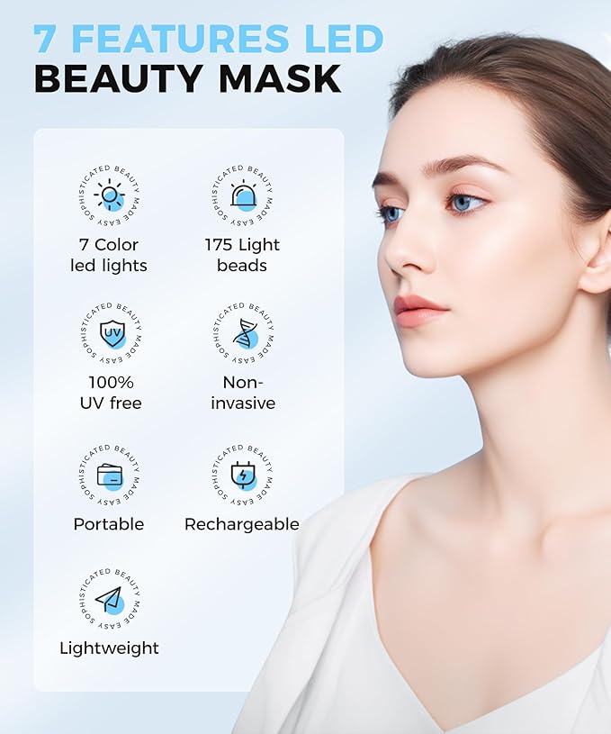 Yahi LED Face Mask Light Therapy, Red Light Therapy for Face, 7-1 Colors LED Facial Skin Care Mask, 175 High-Density Light Beads, White
