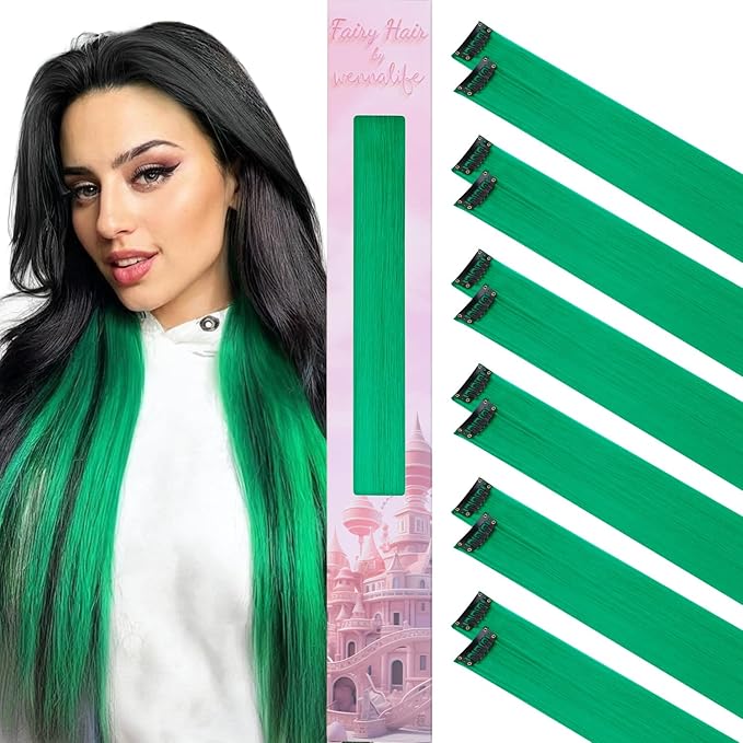 WENNALIFE 12 PCS Green Hair Extensions Clip in, Colored Clip in Hair Extensions for Kids Highlights Rainbow Hair Clips for Girls Synthetic Straight Pop-up Style Colorful Festival Girl Hair Accessories