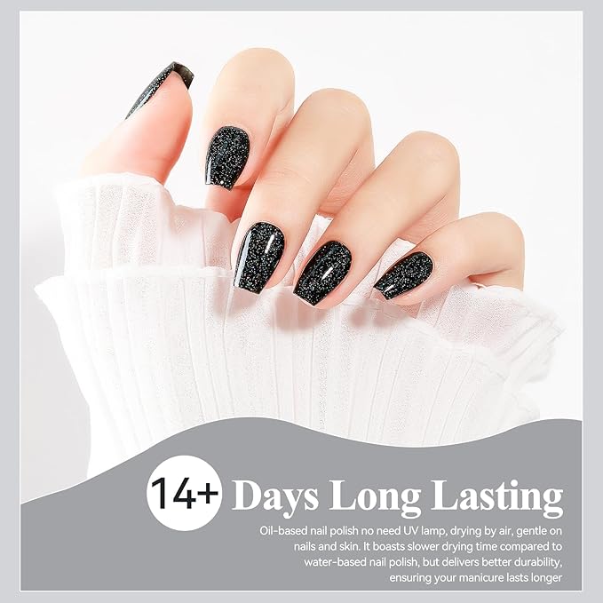 Nail Polish Quick Dry, Black Glitter Nail Lacquer Air Fast Drying, Sparkle Mooncat Nail Pigment Oil-based High Coverage Holographic Fingernail Concealer Polish, 1PC 12ML Long Wear