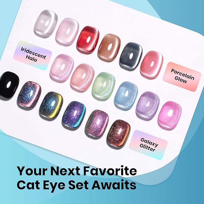 beetles Gel Polish Moonlit Mist Cat Eye Gel Nail Polish Set - 6 Colors Blue Glitter Fall Gel Nail Kit, Jelly Sheer Magnetic Shine Soak Off UV Gel for Salon DIY Manicure Gift for Women