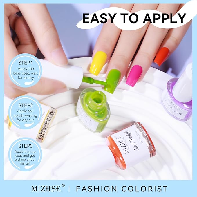 MIZHSE Nail Polish Set, Bright Colors Quick Dry Nail Polish for Women Girls, Fall Nail Lacquer Yellow Green Purple Rose Pink Air Dry Fingernail Polish for DIY Nail Art Salon, Ideal Non-Gel Gift Set