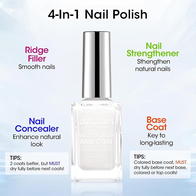 Gellen 4-In-1 Illuminating Nail Concealer Base Coat Polish Milky White, Nail Strengthener Ridge Filler For Nails, Sheer Nail Polish Smooth Strengthen Natural Nails, Quick Air Dry, Hema Free, Non-toxic