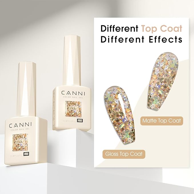 CANNI Glitter Gel Nail Polish – 9ML Broken Gold Prism Flash Gel Polish, Holographic Gold, Soak Off UV LED Nail Art Salon & DIY Manicure at Home