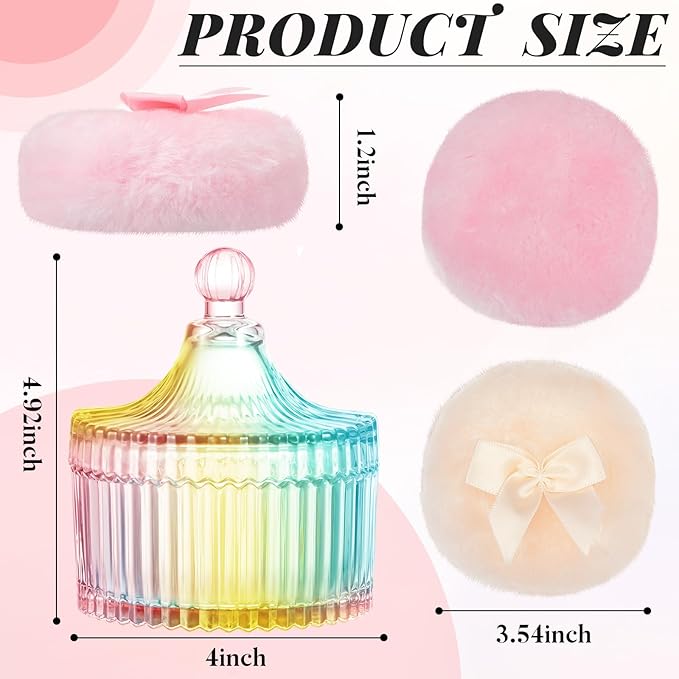 Tioncy 3 Pcs Large Body Powder Puff and Container Powder Container with Puff Crystal Case Soft Washable Reusable Velour Face Body Glitter Wet Dry Makeup(Simple,Colorful)