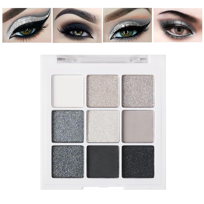 MEICOLY 9 Colors Glitter Eyeshadow Palette,Upgraded Black Smokey Gray Silver Eyeshadow,Eye Shadow Eye Makeup,Shimmer Matte Eyeshadow Palette with Mirror sombras negra para ojos para de ojos